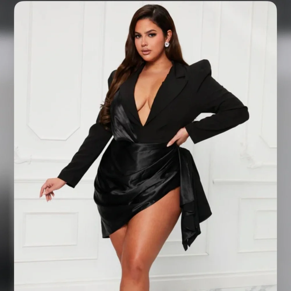 Black Asymmetrical Draped Blazer Dress - Picture 1 of 10